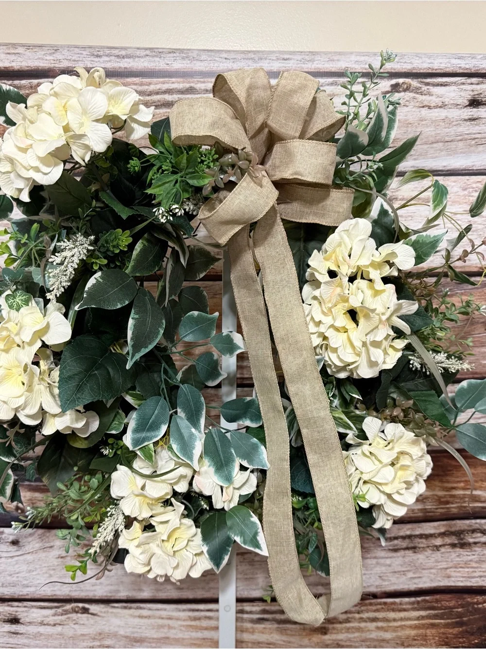 Cream Hydrangea Faux Floral Wreath with Burlap Bow